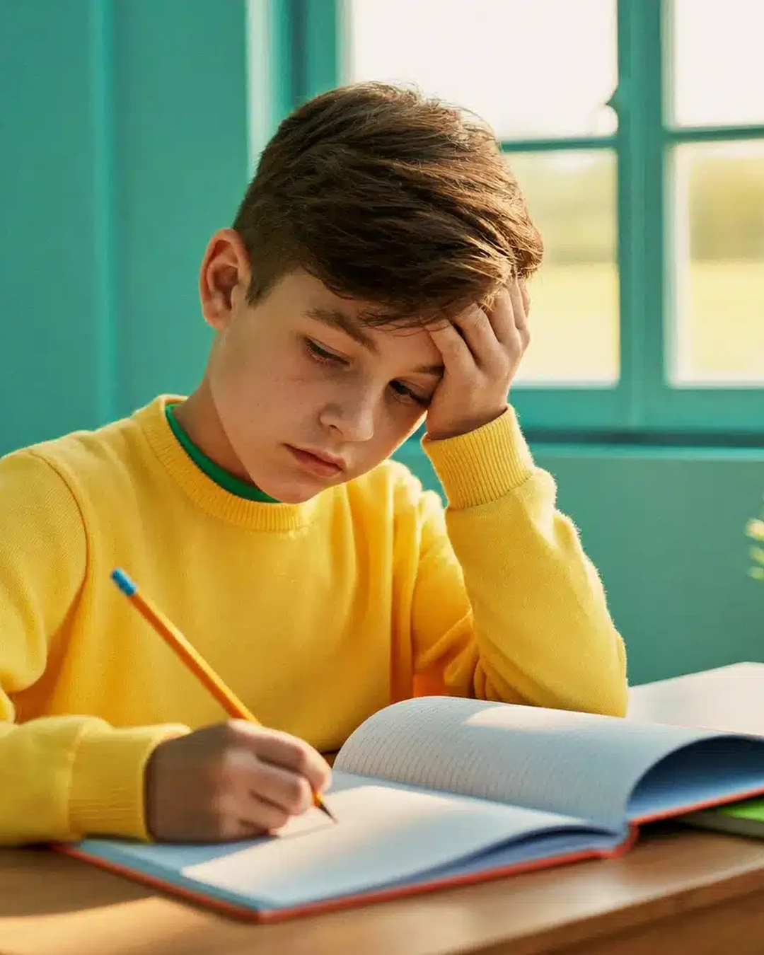 Junge bei den Hausaufgaben nach der Schule, Sehen und Kurzsichtigkeit bei Kindern Junge bei den Hausaufgaben nach der Schule, Sehen und Kurzsichtigkeit bei Kindern