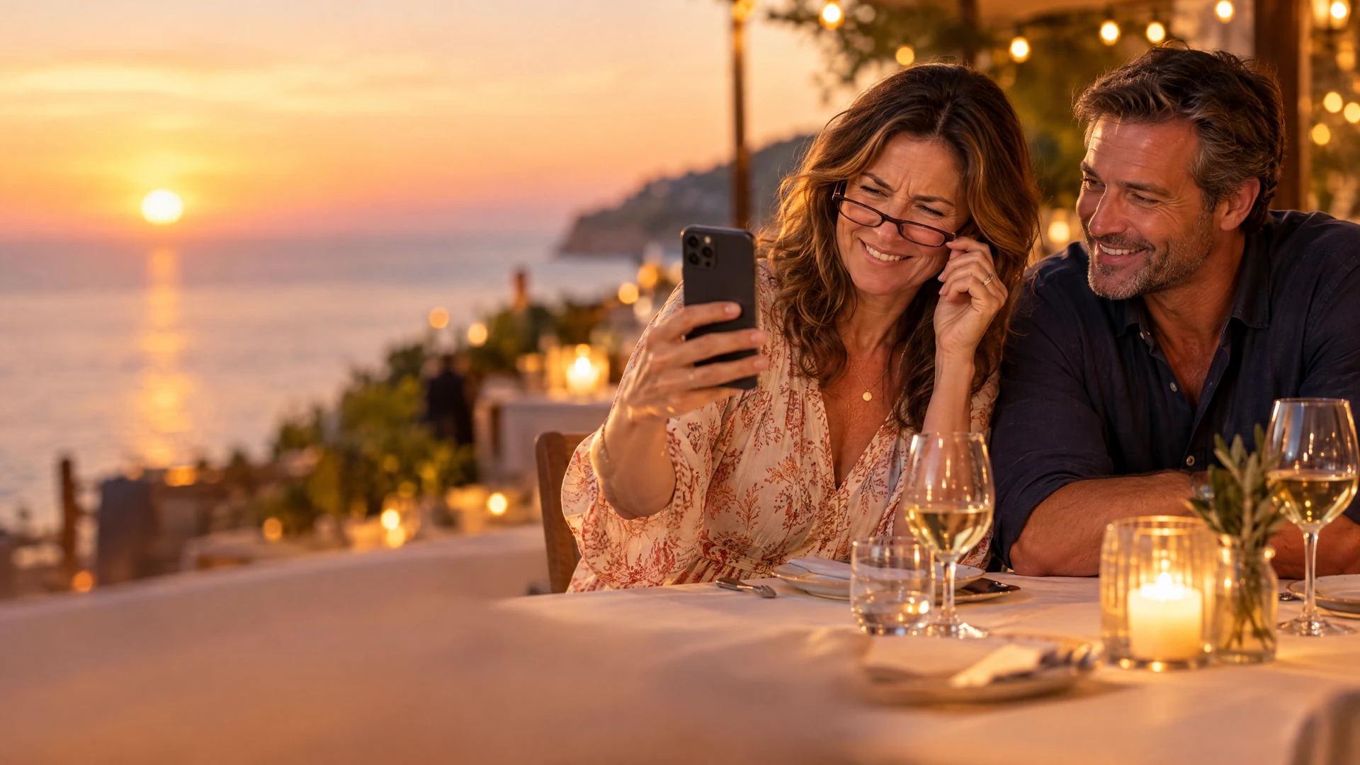 Lächelndes Paar beim Abendessen im Restaurant, sie probiert seine Brille, um auf dem Handy zu lesen Lächelndes Paar beim Abendessen im Restaurant, sie probiert seine Brille, um auf dem Handy zu lesen