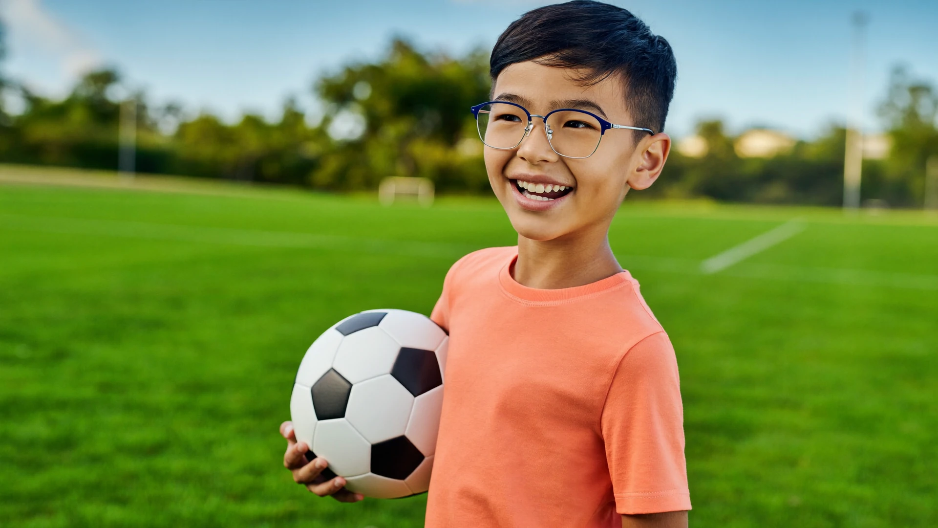 Bambino con occhiali da vista e pallone da calcio Bambino con occhiali da vista e pallone da calcio