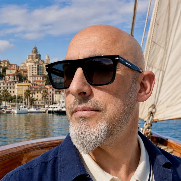 Marco Audagna, ottico di Poliottica a Imperia, in barca con gli occhiali da sole