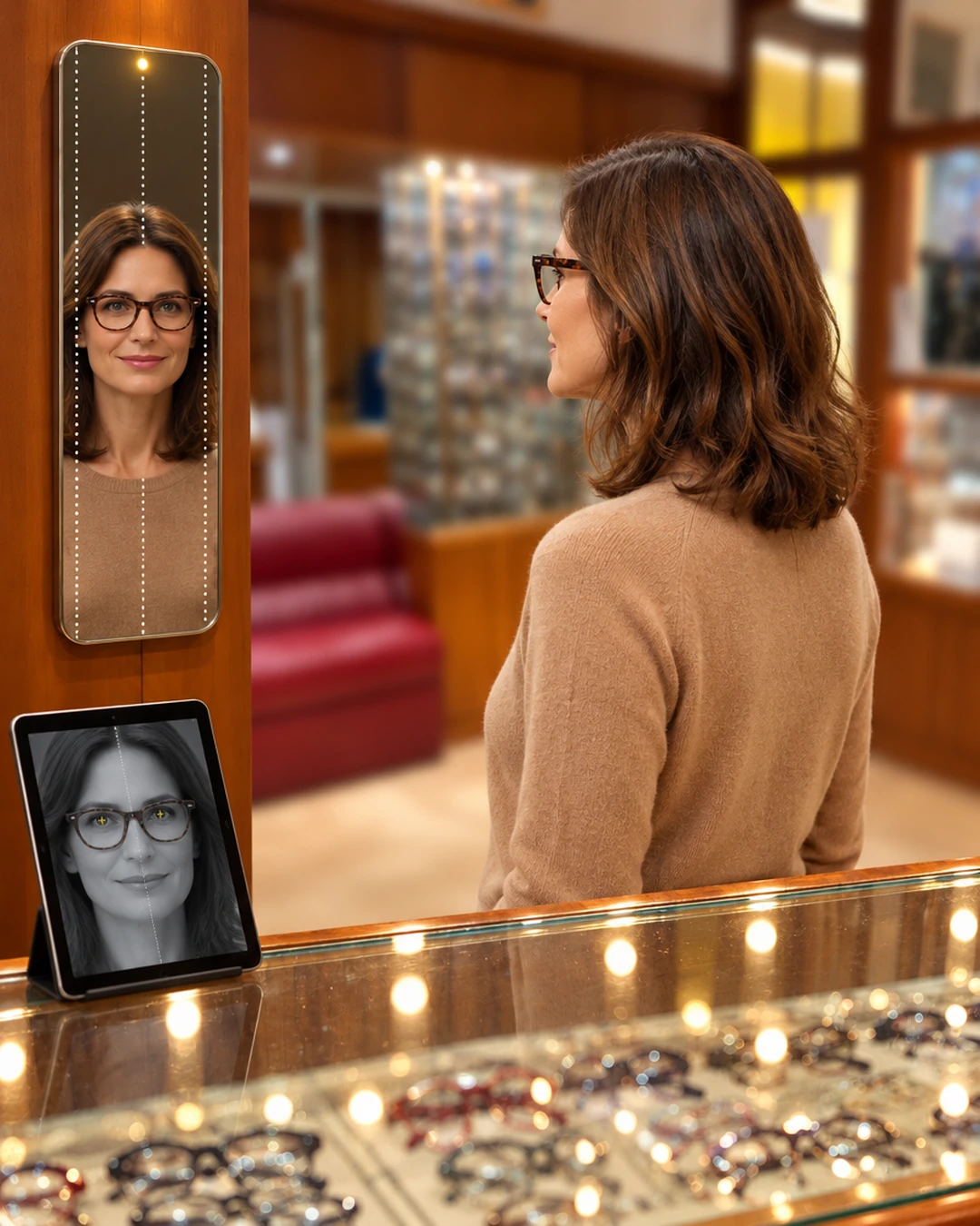 Zentrierung der Gläser vor dem Spiegel von visuReal Master AI, Maße auf dem iPad, bei Poliottica in Imperia Zentrierung der Gläser vor dem Spiegel von visuReal Master AI, Maße auf dem iPad, bei Poliottica in Imperia