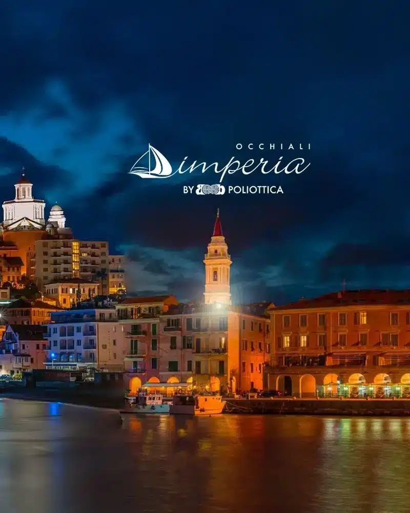 Logo Occhiali Imperia by Poliottica sul porto di Oneglia di notte Logo Occhiali Imperia by Poliottica sul porto di Oneglia di notte