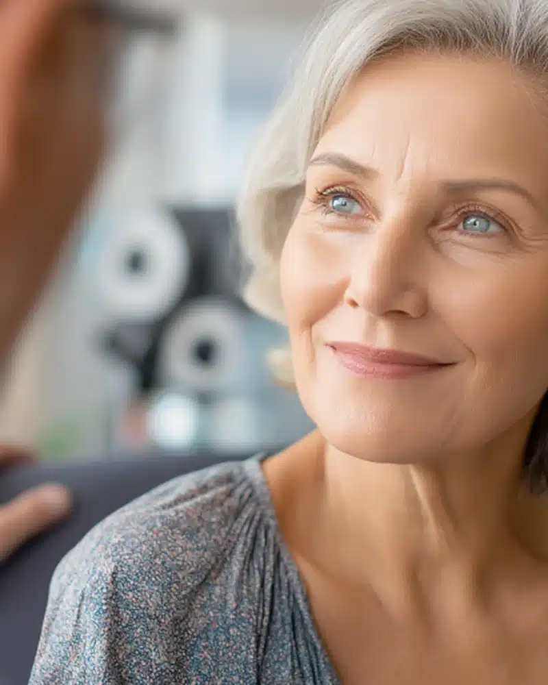 Donna sorridente nel centro ottico dopo il controllo di prevenzione visiva Donna sorridente nel centro ottico dopo il controllo di prevenzione visiva