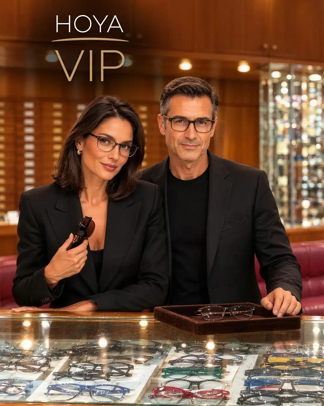 Paar mit Brillen im Geschäft Poliottica, Angebot Hoya VIP Paar mit Brillen im Geschäft Poliottica, Angebot Hoya VIP