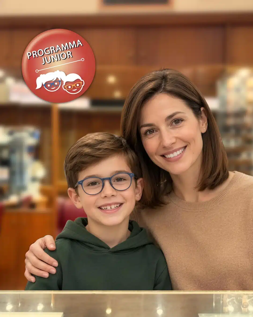 Mutter und Kind mit blauer Brille bei Poliottica, Programma Junior Hoya Mutter und Kind mit blauer Brille bei Poliottica, Programma Junior Hoya