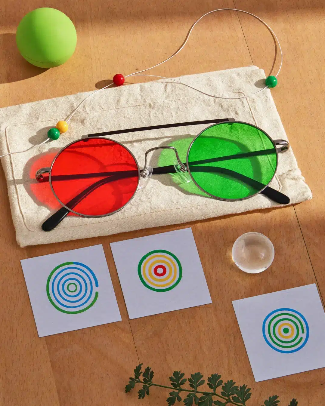 Strumenti per il visual training, occhiali rosso verde, corda con perline e schede, Poliottica Imperia Strumenti per il visual training, occhiali rosso verde, corda con perline e schede, Poliottica Imperia